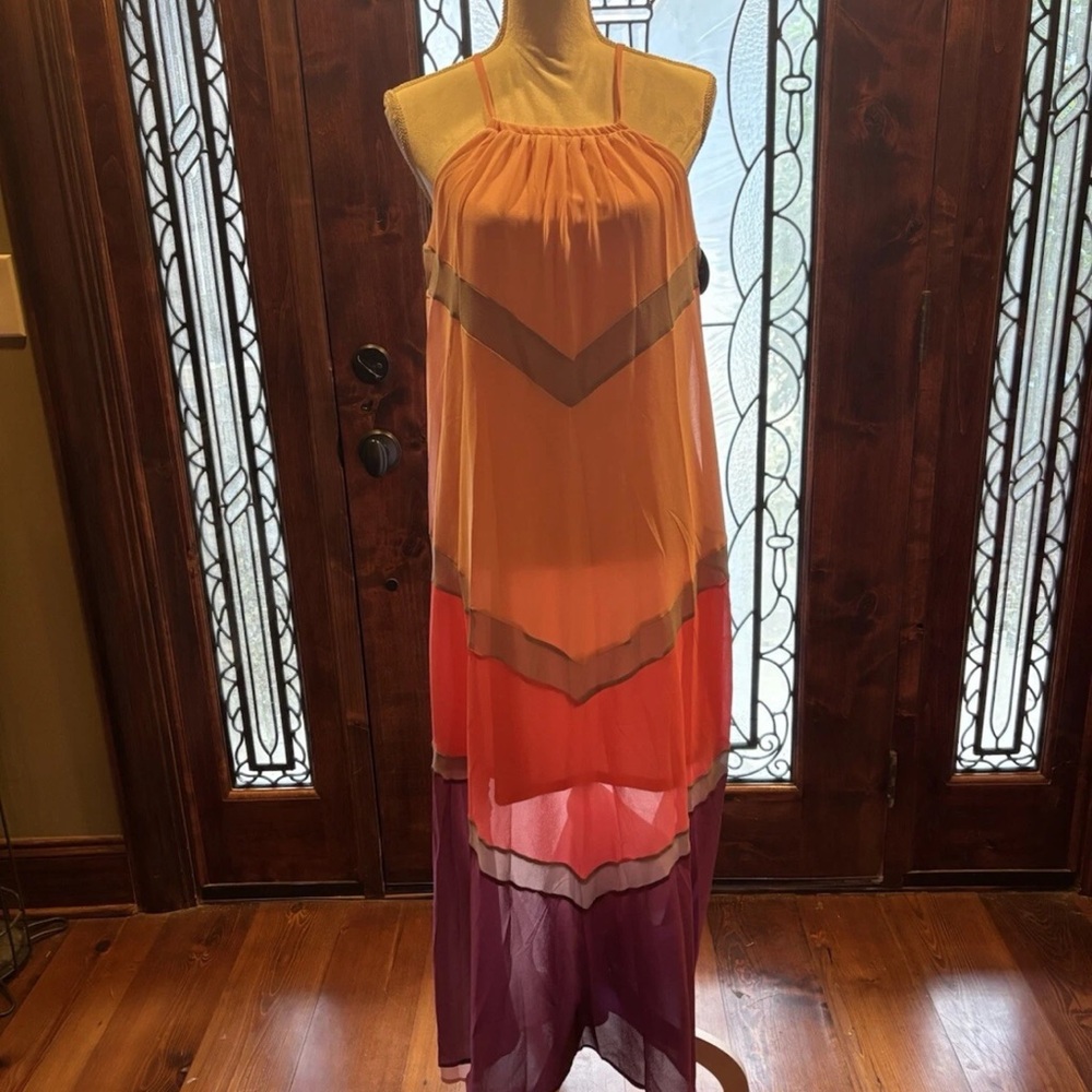 Tiered Halter Maxi Dress in Orange, Coral & Purple